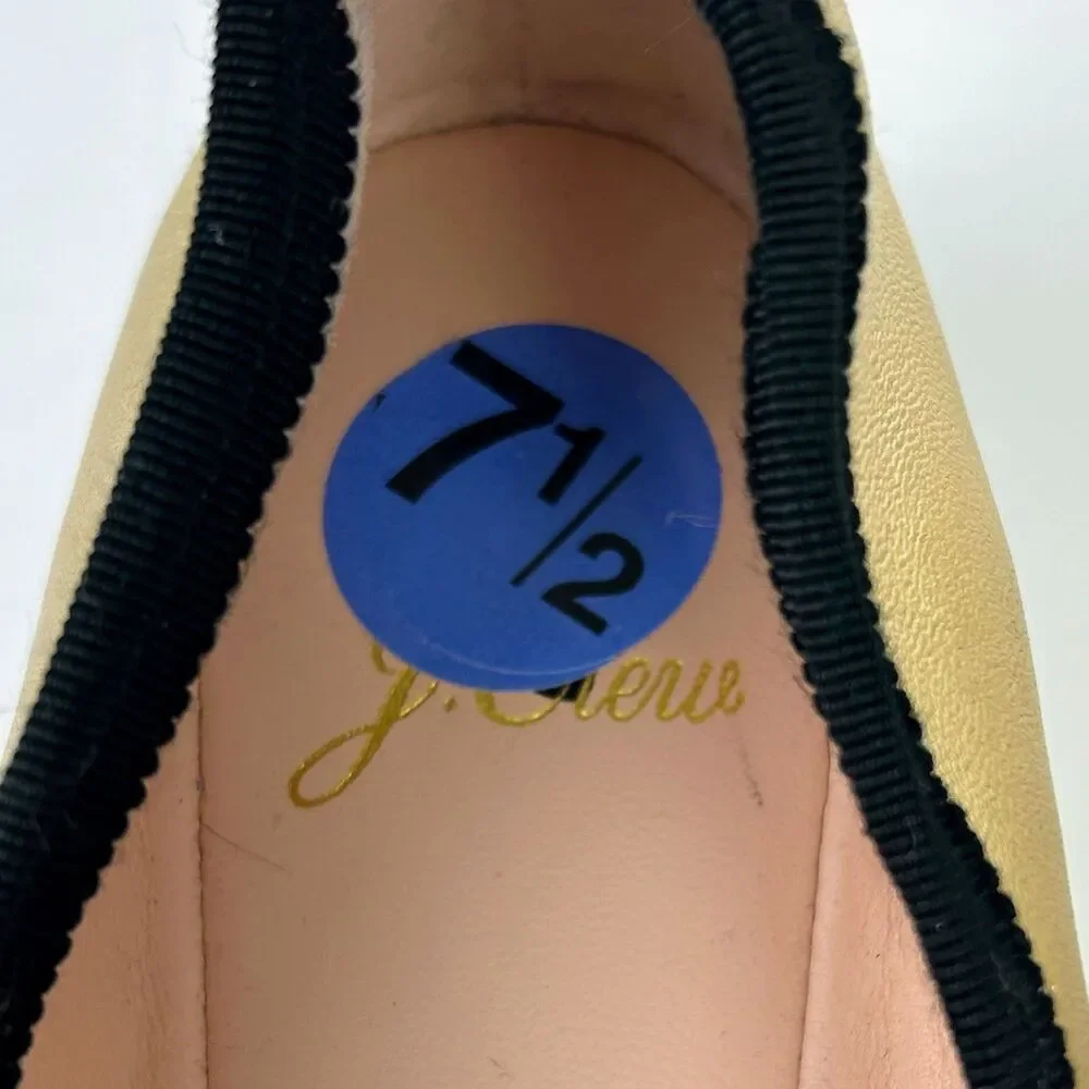 J. Crew Elvie Gold Metallic Ballet Flats Leather Almond Toe Shoes Black Trim 7.5